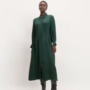 NWT EVERLANE THE HAMMERED SATIN SHIRT DRESS DARK GREEN SIZE 8